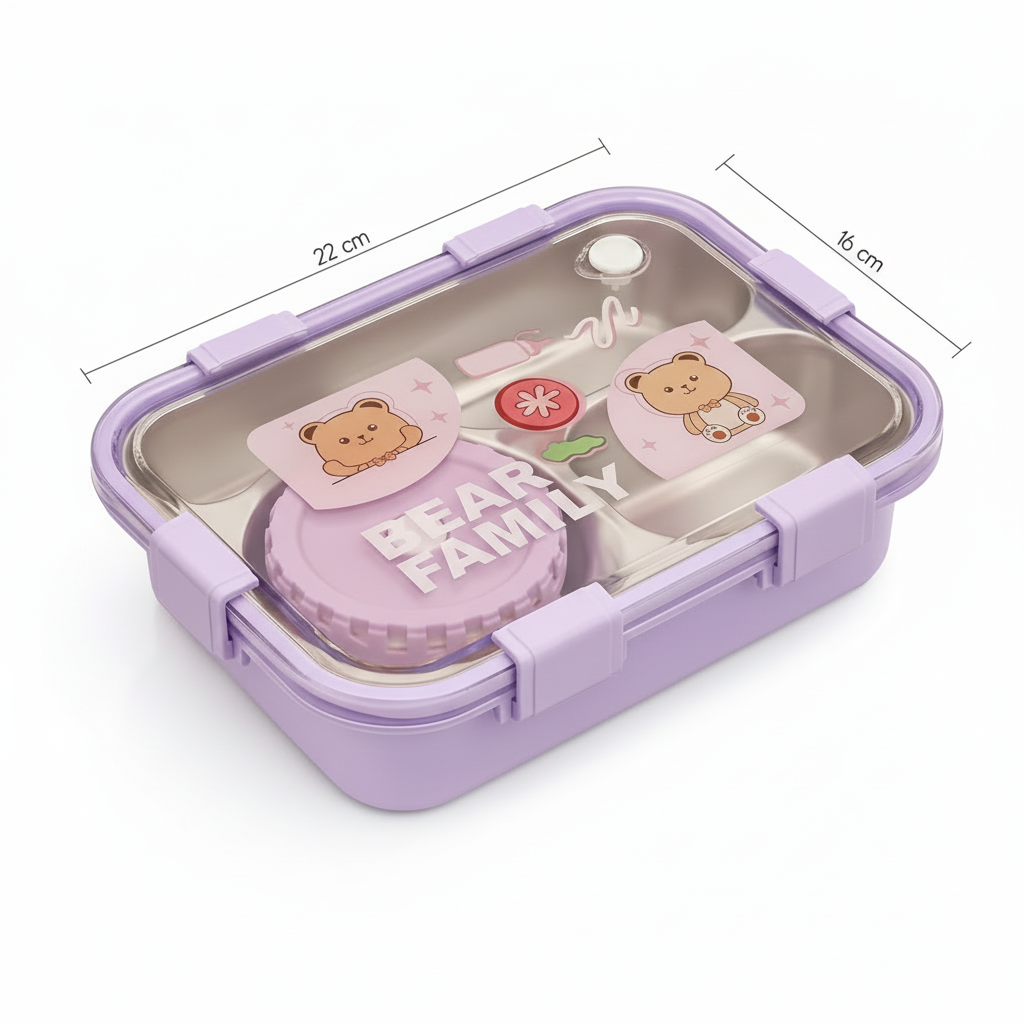 Cute Bear-Themed Kids Stainless Steel Lunch Box - Purple - Image 5