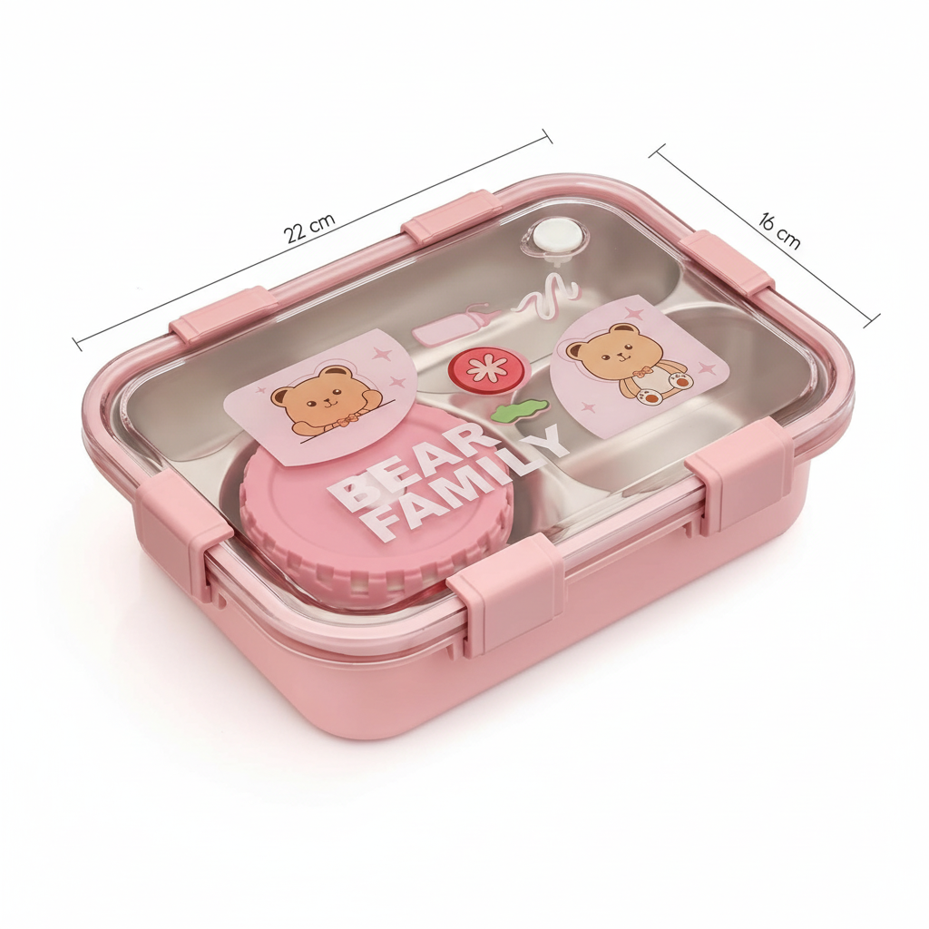 Cute Bear-Themed Kids Stainless Steel Lunch Box – Pink - Image 5