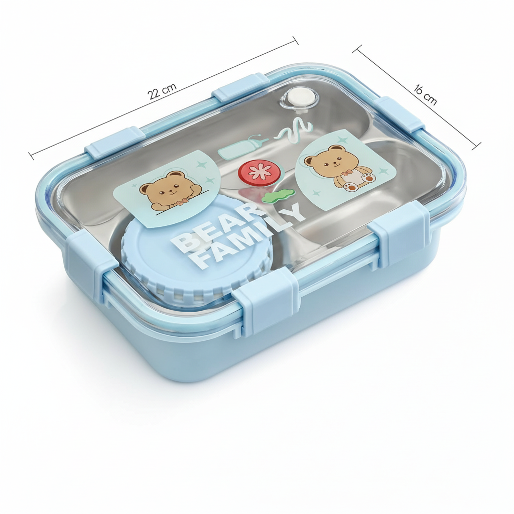 Cute Bear-Themed Kids Stainless Steel Lunch Box – Blue - Image 5