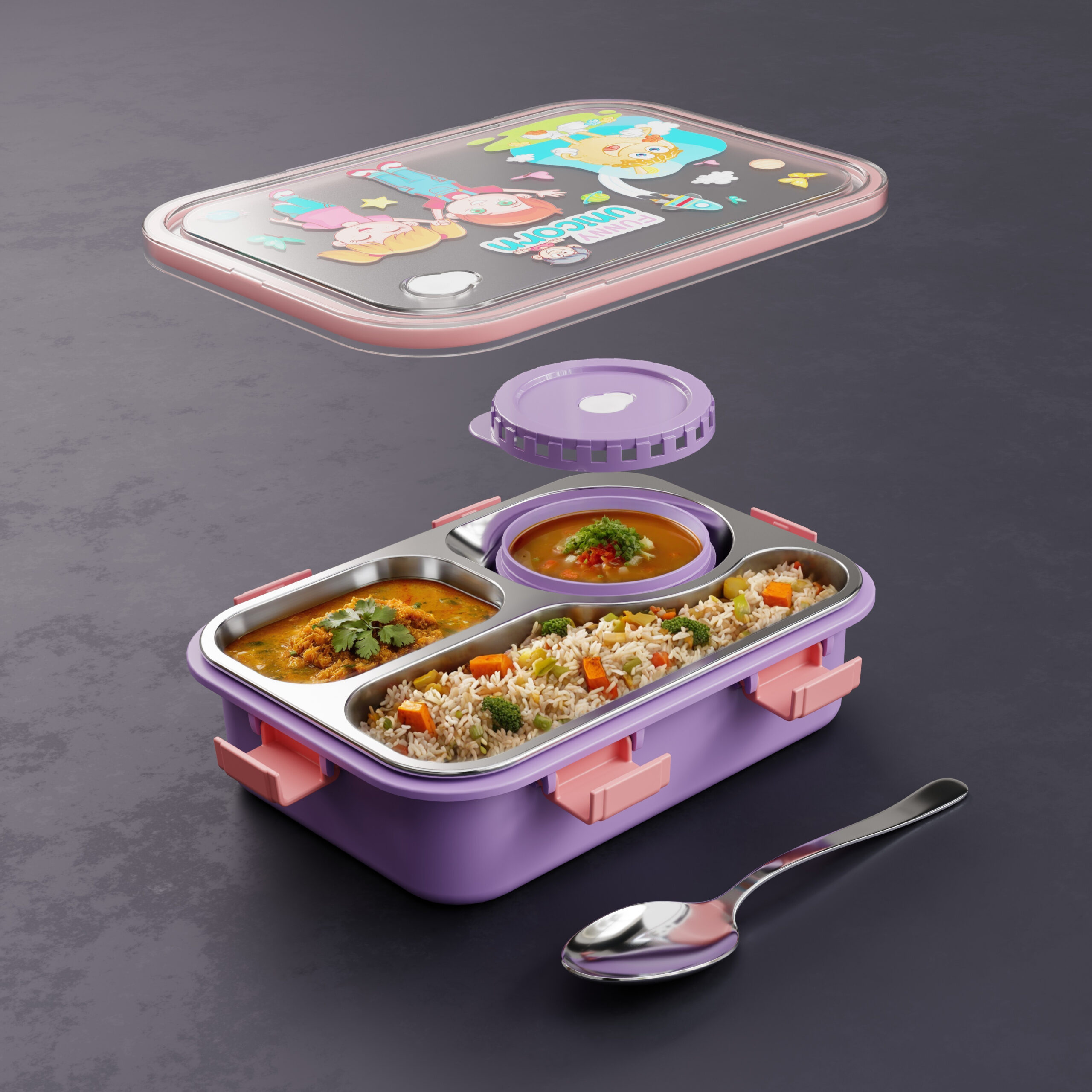 Funny Unicorn Kids Stainless Steel Lunch Box – Purple+Pink - Image 5